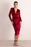 Antonella Berry Velvet Plunge Neck Ruched Midi Dress With Long Sleeves