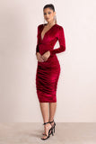 Antonella Berry Velvet Plunge Neck Ruched Midi Dress With Long Sleeves