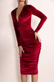 Antonella Berry Velvet Plunge Neck Ruched Midi Dress With Long Sleeves