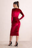 Antonella Berry Velvet Plunge Neck Ruched Midi Dress With Long Sleeves