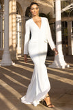 Reba White Plunge Long Sleeve Structured Maxi Dress with Front Split