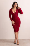 Aletta Burgundy Plunge Neck Ruched Midi Dress With Long Sleeves