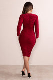 Aletta Burgundy Plunge Neck Ruched Midi Dress With Long Sleeves