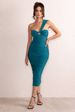 Brielle Teal Asymmetric Neck Twist Front Ruched Midi Dress