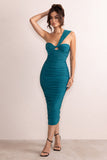 Brielle Teal Asymmetric Neck Twist Front Ruched Midi Dress