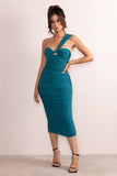 Brielle Teal Asymmetric Neck Twist Front Ruched Midi Dress