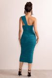 Brielle Teal Asymmetric Neck Twist Front Ruched Midi Dress