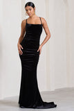 Adele Black Velvet Ruched Strappy Fishtail Maxi Dress