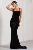 Adele Black Velvet Ruched Strappy Fishtail Maxi Dress