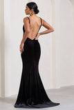 Adele Black Velvet Ruched Strappy Fishtail Maxi Dress