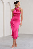 Dazzling Fuchsia Satin Cross Over Halter Neck Midi Dress