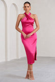 Dazzling Fuchsia Satin Cross Over Halter Neck Midi Dress