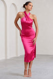 Dazzling Fuchsia Satin Cross Over Halter Neck Midi Dress