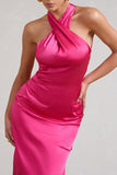 Dazzling Fuchsia Satin Cross Over Halter Neck Midi Dress