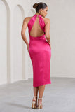 Dazzling Fuchsia Satin Cross Over Halter Neck Midi Dress