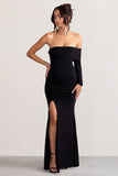 Meghan Black Bardot Neck Thigh Split Fishtail Maxi Dress