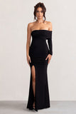 Meghan Black Bardot Neck Thigh Split Fishtail Maxi Dress