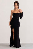 Meghan Black Bardot Neck Thigh Split Fishtail Maxi Dress