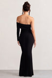 Meghan Black Bardot Neck Thigh Split Fishtail Maxi Dress