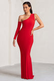 Baylor Red One Shoulder Draped Skirt Maxi Dress