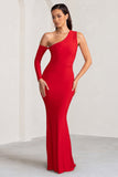 Baylor Red One Shoulder Draped Skirt Maxi Dress