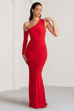 Baylor Red One Shoulder Draped Skirt Maxi Dress