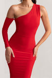 Baylor Red One Shoulder Draped Skirt Maxi Dress