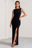 Ione Black Ruched Wide Neck Maxi Dress With Open Back Detail