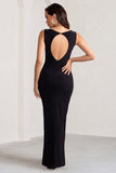 Ione Black Ruched Wide Neck Maxi Dress With Open Back Detail