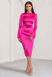 Zaina Hot Pink Long Sleeve Midi Dress with High Neckline