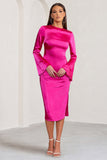 Zaina Hot Pink Long Sleeve Midi Dress with High Neckline