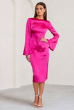 Zaina Hot Pink Long Sleeve Midi Dress with High Neckline