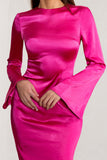 Zaina Hot Pink Long Sleeve Midi Dress with High Neckline