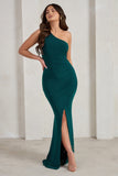 Lilou Bottle Green One Shoulder Wrap Skirt Maxi Dress