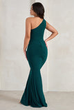 Lilou Bottle Green One Shoulder Wrap Skirt Maxi Dress