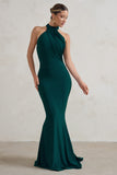 Marion Green High Neck Maxi Dress With Statement Train