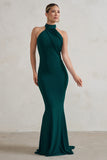 Marion Green High Neck Maxi Dress With Statement Train