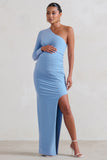 Paloma Powder Blue Maternity One Sleeve Asymmetric Maxi Dress