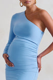 Paloma Powder Blue Maternity One Sleeve Asymmetric Maxi Dress