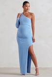 Paloma Powder Blue Maternity One Sleeve Asymmetric Maxi Dress