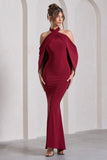 Revelation Berry Red Crossed Halter-Neck Fishtail Maxi Dress With Cape