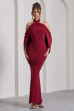 Revelation Berry Red Crossed Halter-Neck Fishtail Maxi Dress With Cape