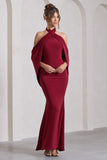 Revelation Berry Red Crossed Halter-Neck Fishtail Maxi Dress With Cape