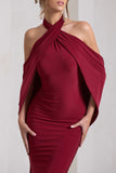 Revelation Berry Red Crossed Halter-Neck Fishtail Maxi Dress With Cape