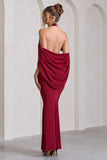 Revelation Berry Red Crossed Halter-Neck Fishtail Maxi Dress With Cape