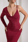 At Dusk Berry Red One-Sleeved Cowl-Neck Fishtail Maxi Dress