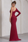 At Dusk Berry Red One-Sleeved Cowl-Neck Fishtail Maxi Dress