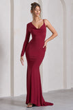 At Dusk Berry Red One-Sleeved Cowl-Neck Fishtail Maxi Dress