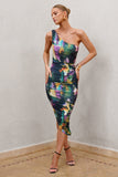 Late Night Watercolour Print Asymmetrical One Shoulder Ruched Midi Dress