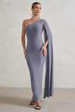 Dominique Grey One Shoulder Cape Sleeve Bodycon Maxi Dress